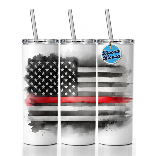 Thin Red Line Black And White American Flag Support Firemen Firefighters Skinny Tumbler 20oz with Straw Insulated Water Bottle Gift