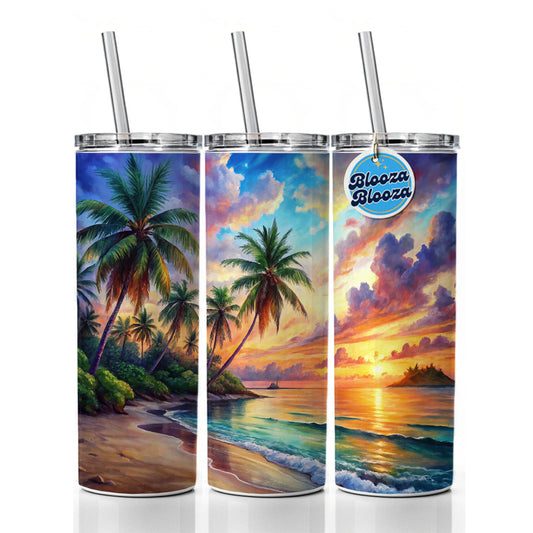 Tropical Beach At Sunset Watercolor Skinny Tumbler 20oz with Straw Insulated Water Bottle Gift