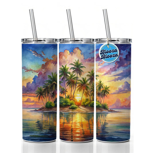 Tropical Deserted Island At Sunrise Watercolor Skinny Tumbler 20oz with Straw Insulated Water Bottle Gift