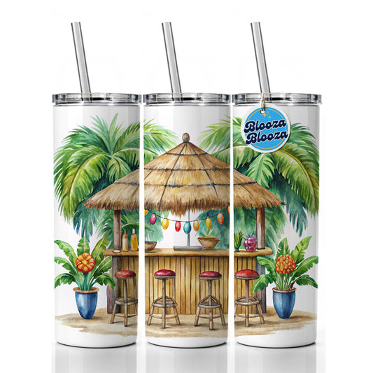 Tropical Resort Beach Tiki Bar Watercolor Skinny Tumbler 20oz with Straw Insulated Water Bottle Gift