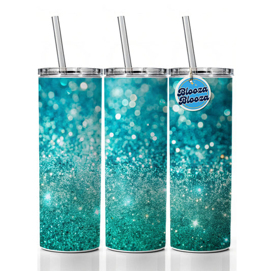 Turquoise Faux Glitter Skinny Tumbler 20oz with Straw Insulated Water Bottle Gift
