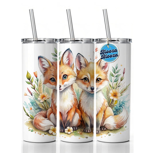 Two Sweet Foxes Skinny Tumbler 20oz with Straw Insulated Water Bottle Gift