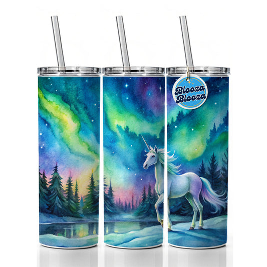 Unicorn Northern Lights Fantasy Watercolor Skinny Tumbler 20oz with Straw Insulated Water Bottle Gift