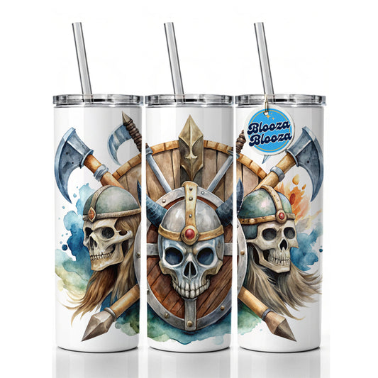 Viking Axes Shields And Skulls Watercolor Skinny Tumbler 20oz with Straw Insulated Water Bottle Gift