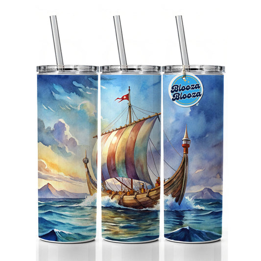 Viking Ship On The Ocean Watercolor Skinny Tumbler 20oz with Straw Insulated Water Bottle Gift