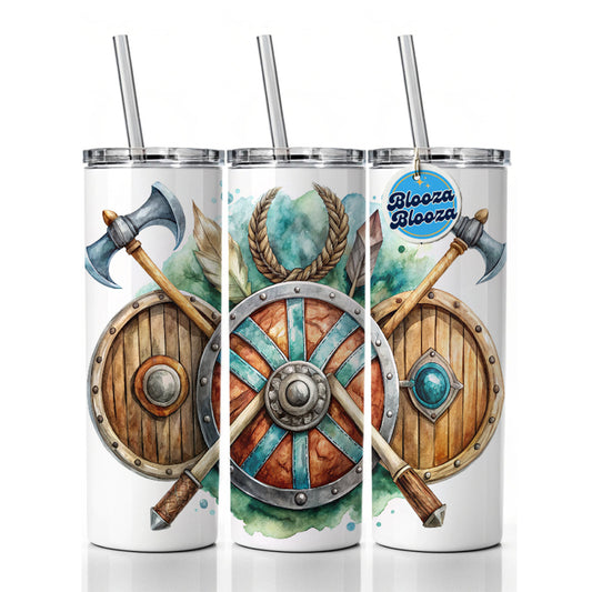 Viking Symbols Shields Axes Watercolor Skinny Tumbler 20oz with Straw Insulated Water Bottle Gift
