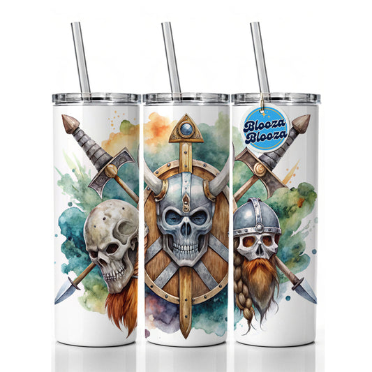 Viking Symbols Shields Swords Skulls Watercolor Skinny Tumbler 20oz with Straw Insulated Water Bottle Gift