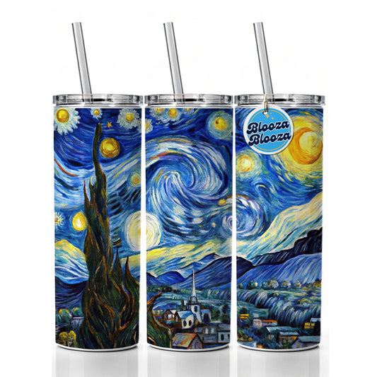 Watercolor Faux Van Gogh Starry Night Skinny Tumbler 20oz with Straw Insulated Water Bottle Gift