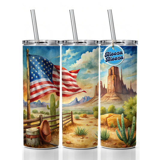 Western Americana American Flag Country Watercolor Skinny Tumbler 20oz with Straw Insulated Water Bottle Gift