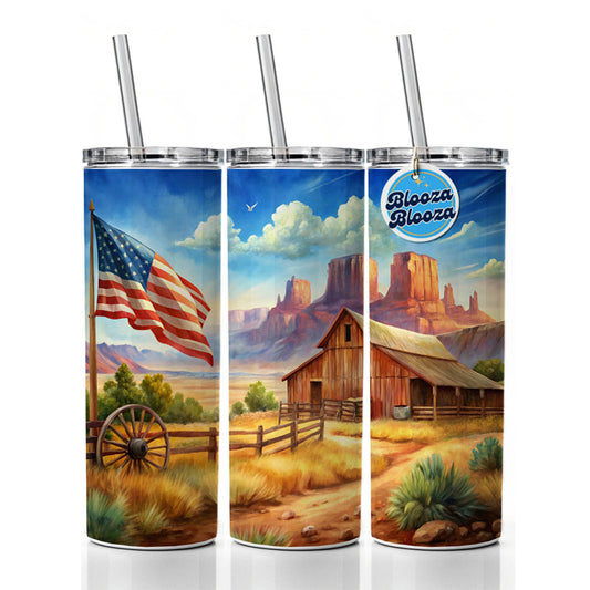 Western Americana Country Flag Ranch Wagon Wheel Skinny Tumbler 20oz with Straw Insulated Water Bottle Gift