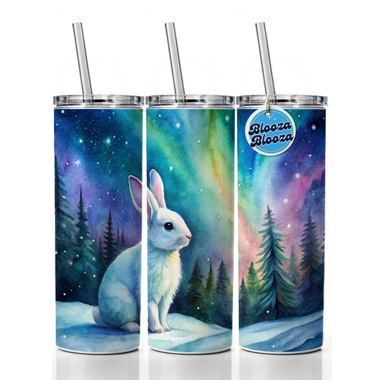 White Bunny Rabbit And Northern Lights Watercolor Skinny Tumbler 20oz with Straw Insulated Water Bottle Gift