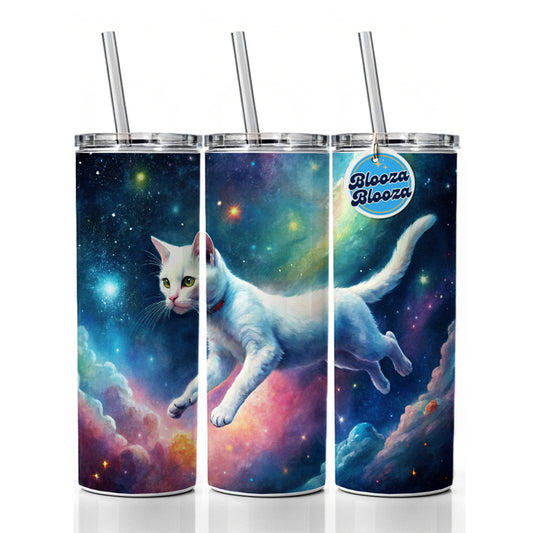 White Cat Flying Through Space Funny Watercolor Skinny Tumbler 20oz with Straw Insulated Water Bottle Gift