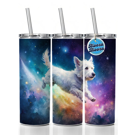 White Dog Flying Through Space Funny Watercolor Skinny Tumbler 20oz with Straw Insulated Water Bottle Gift