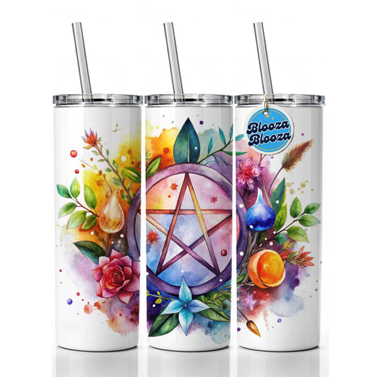 Witch Wiccan Pentagram Floral Watercolor Skinny Tumbler 20oz with Straw Insulated Water Bottle Gift