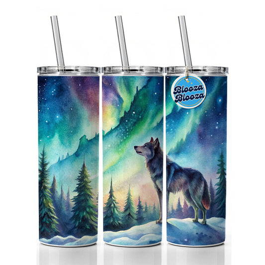 Wolf And Northern Lights Watercolor Skinny Tumbler 20oz with Straw Insulated Water Bottle Gift