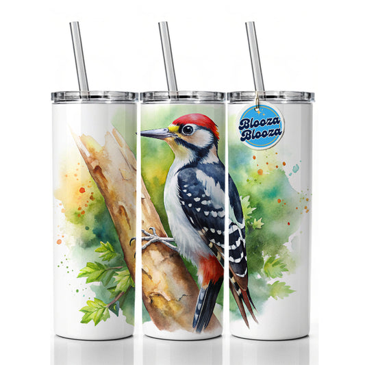 Woodpecker In Tree Bird Watercolor Skinny Tumbler 20oz with Straw Insulated Water Bottle Gift