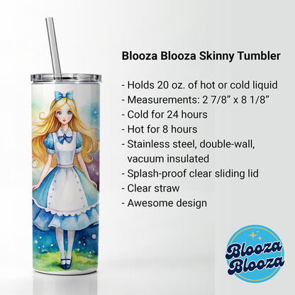 Alice In Wonderland Watercolor Skinny Tumbler 20oz with Straw Insulated Water Bottle Gift