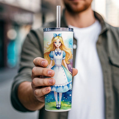Alice In Wonderland Watercolor Skinny Tumbler 20oz with Straw Insulated Water Bottle Gift