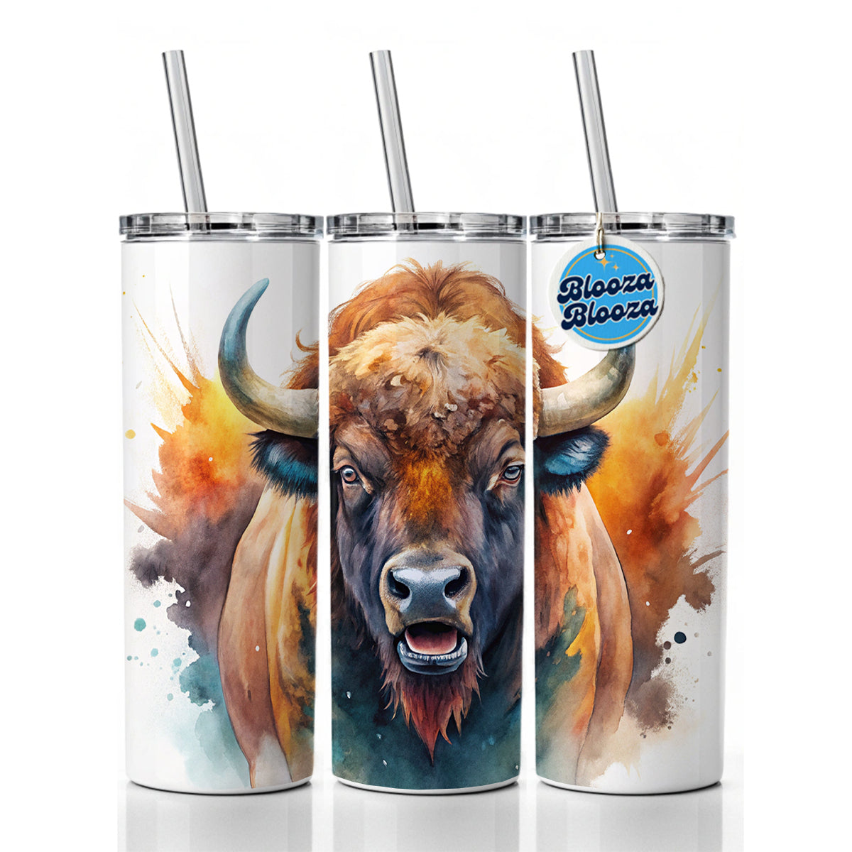 Angry American Bison Buffalo Watercolor Skinny Tumbler 20oz with Straw Insulated Water Bottle Gift