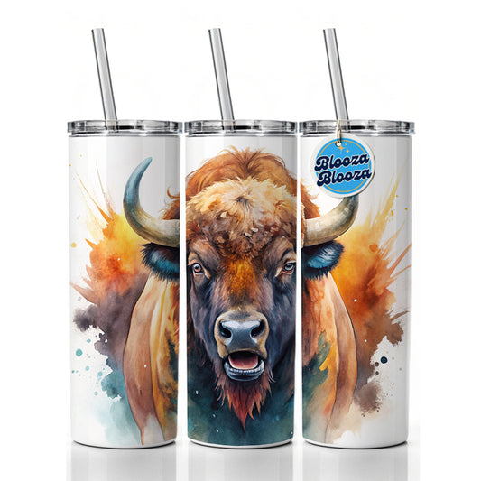 Angry American Bison Buffalo Watercolor Skinny Tumbler 20oz with Straw Insulated Water Bottle Gift