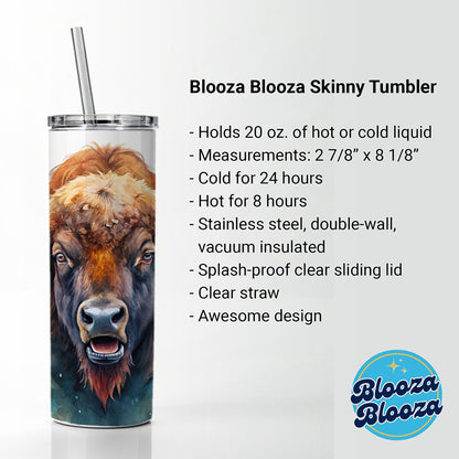 Angry American Bison Buffalo Watercolor Skinny Tumbler 20oz with Straw Insulated Water Bottle Gift