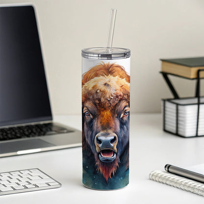 Angry American Bison Buffalo Watercolor Skinny Tumbler 20oz with Straw Insulated Water Bottle Gift
