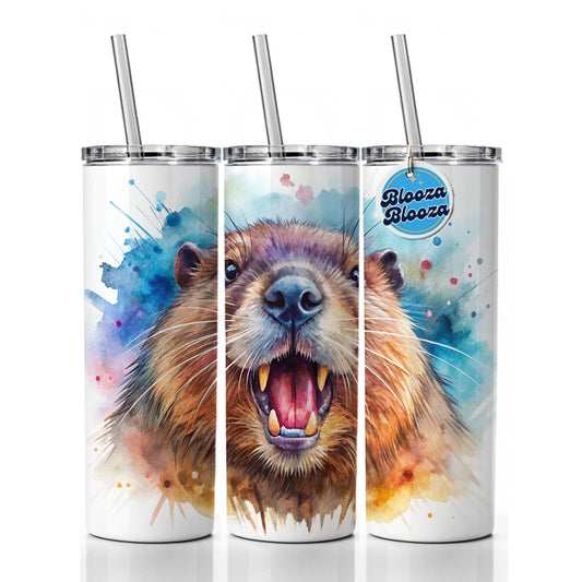 Angry Beaver Watercolor Skinny Tumbler 20oz with Straw Insulated Water Bottle Gift