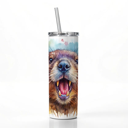 Angry Beaver Watercolor Skinny Tumbler 20oz with Straw Insulated Water Bottle Gift