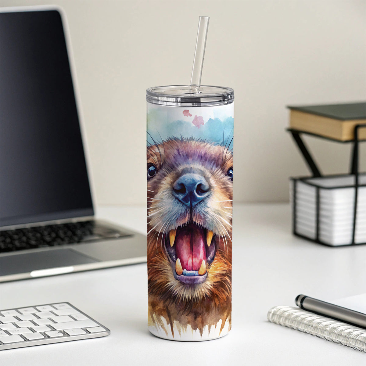 Angry Beaver Watercolor Skinny Tumbler 20oz with Straw Insulated Water Bottle Gift