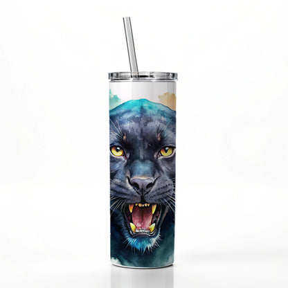 Angry Black Panther Watercolor Skinny Tumbler 20oz with Straw Insulated Water Bottle Gift