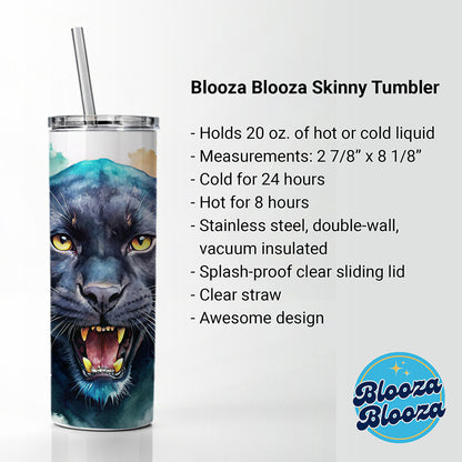 Angry Black Panther Watercolor Skinny Tumbler 20oz with Straw Insulated Water Bottle Gift