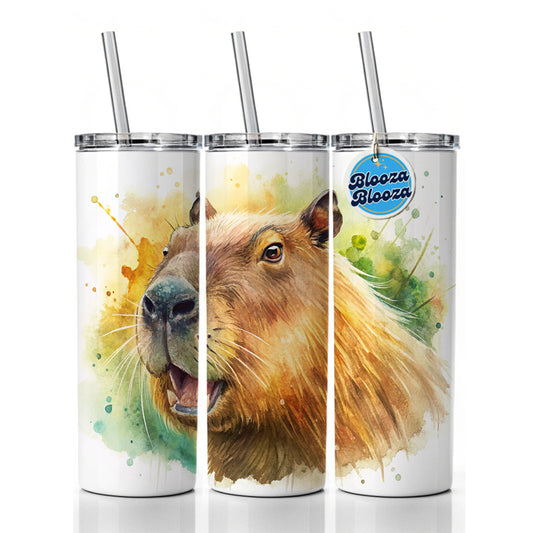 Angry Capybara Watercolor Skinny Tumbler 20oz with Straw Insulated Water Bottle Gift