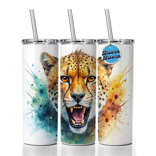 Angry Cheetah Watercolor Skinny Tumbler 20oz with Straw Insulated Water Bottle Gift