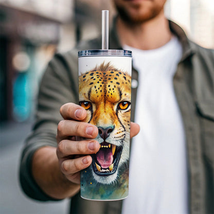 Angry Cheetah Watercolor Skinny Tumbler 20oz with Straw Insulated Water Bottle Gift