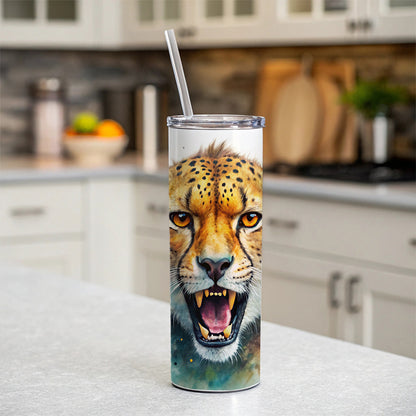 Angry Cheetah Watercolor Skinny Tumbler 20oz with Straw Insulated Water Bottle Gift