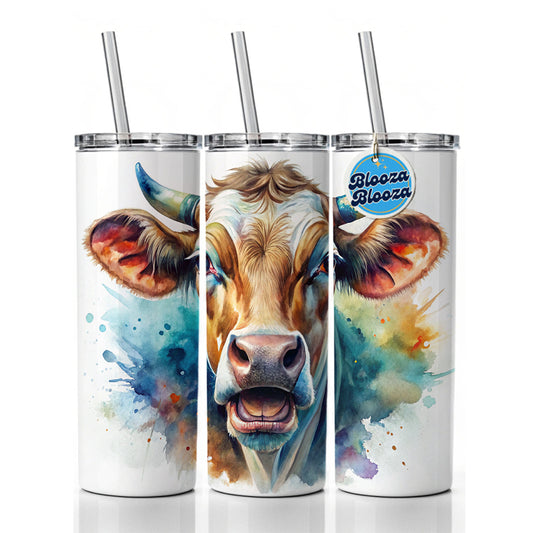 Angry Cow Watercolor Skinny Tumbler 20oz with Straw Insulated Water Bottle Gift