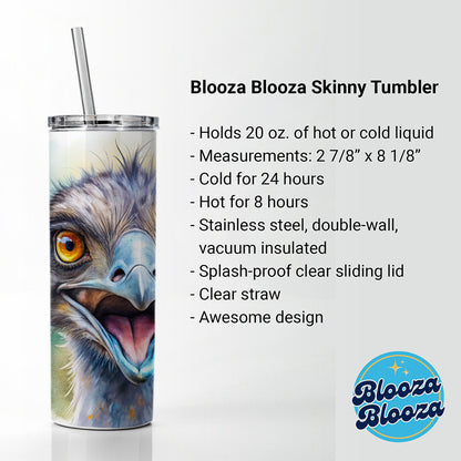 Angry Emu Watercolor Skinny Tumbler 20oz with Straw Insulated Water Bottle Gift