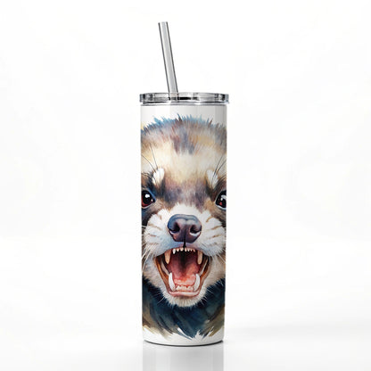 Angry Ferret Watercolor Skinny Tumbler 20oz with Straw Insulated Water Bottle Gift