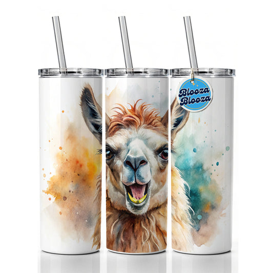 Angry Llama Watercolor Skinny Tumbler 20oz with Straw Insulated Water Bottle Gift