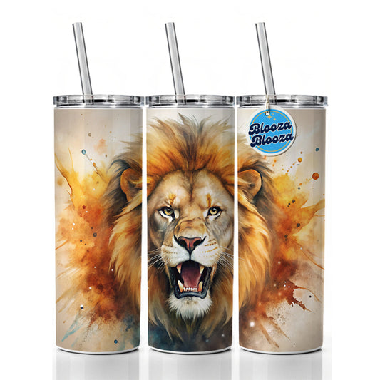 Angry Male Lion Watercolor Skinny Tumbler 20oz with Straw Insulated Water Bottle Gift