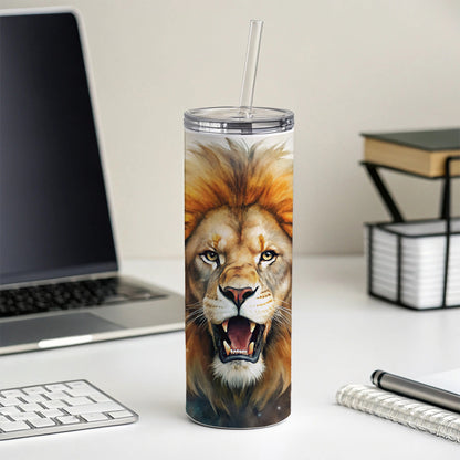 Angry Male Lion Watercolor Skinny Tumbler 20oz with Straw Insulated Water Bottle Gift