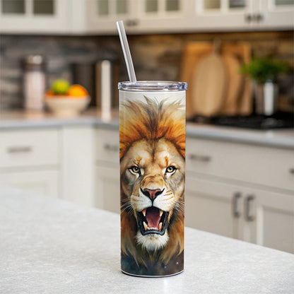 Angry Male Lion Watercolor Skinny Tumbler 20oz with Straw Insulated Water Bottle Gift