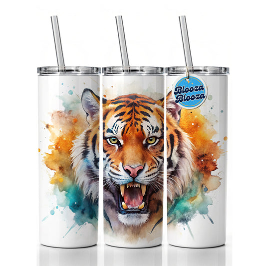 Angry Tiger Watercolor Skinny Tumbler 20oz with Straw Insulated Water Bottle Gift