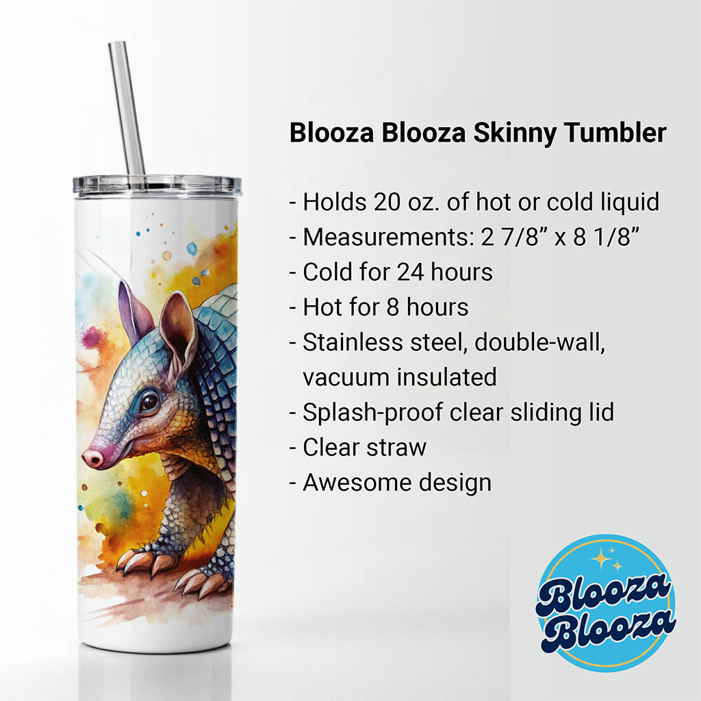 Armadillo Watercolor Skinny Tumbler 20oz with Straw Insulated Water Bottle Gift