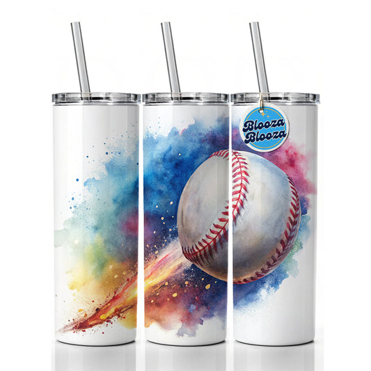 Baseball Rocketing Through The Air Watercolor Skinny Tumbler 20oz with Straw Insulated Water Bottle Gift
