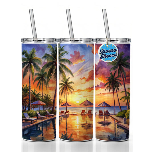 Beach Resort At Sunset Sunrise Tropical Watercolor Skinny Tumbler 20oz with Straw Insulated Water Bottle Gift