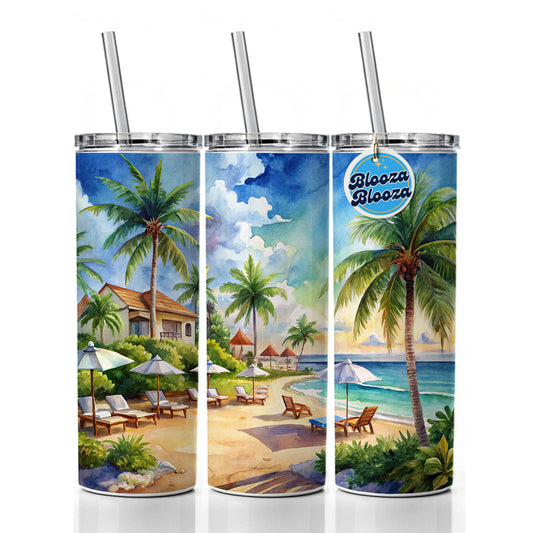 Beach Resort Tropical Scene Watercolor Skinny Tumbler 20oz with Straw Insulated Water Bottle Gift