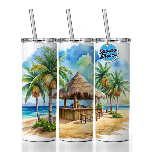 Beach Resort Tropical Scene With Tiki Bar Skinny Tumbler 20oz with Straw Insulated Water Bottle Gift