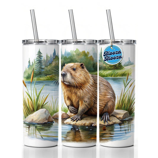 Beaver in the Pond Dam Watercolor Skinny Tumbler 20oz with Straw Insulated Water Bottle Gift