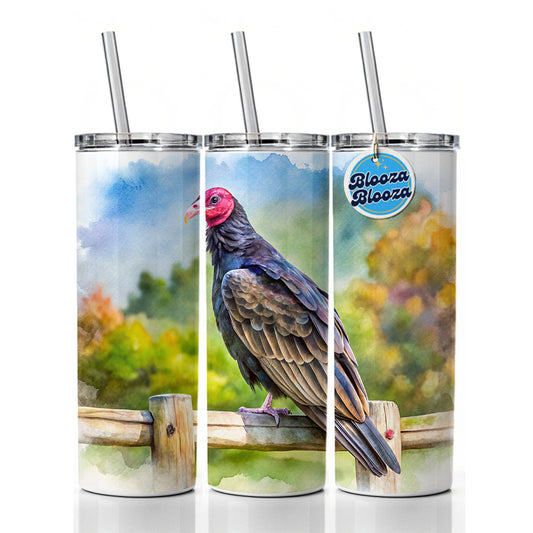 Black Turkey Vulture Sitting On Fence Watercolor Skinny Tumbler 20oz with Straw Insulated Water Bottle Gift
